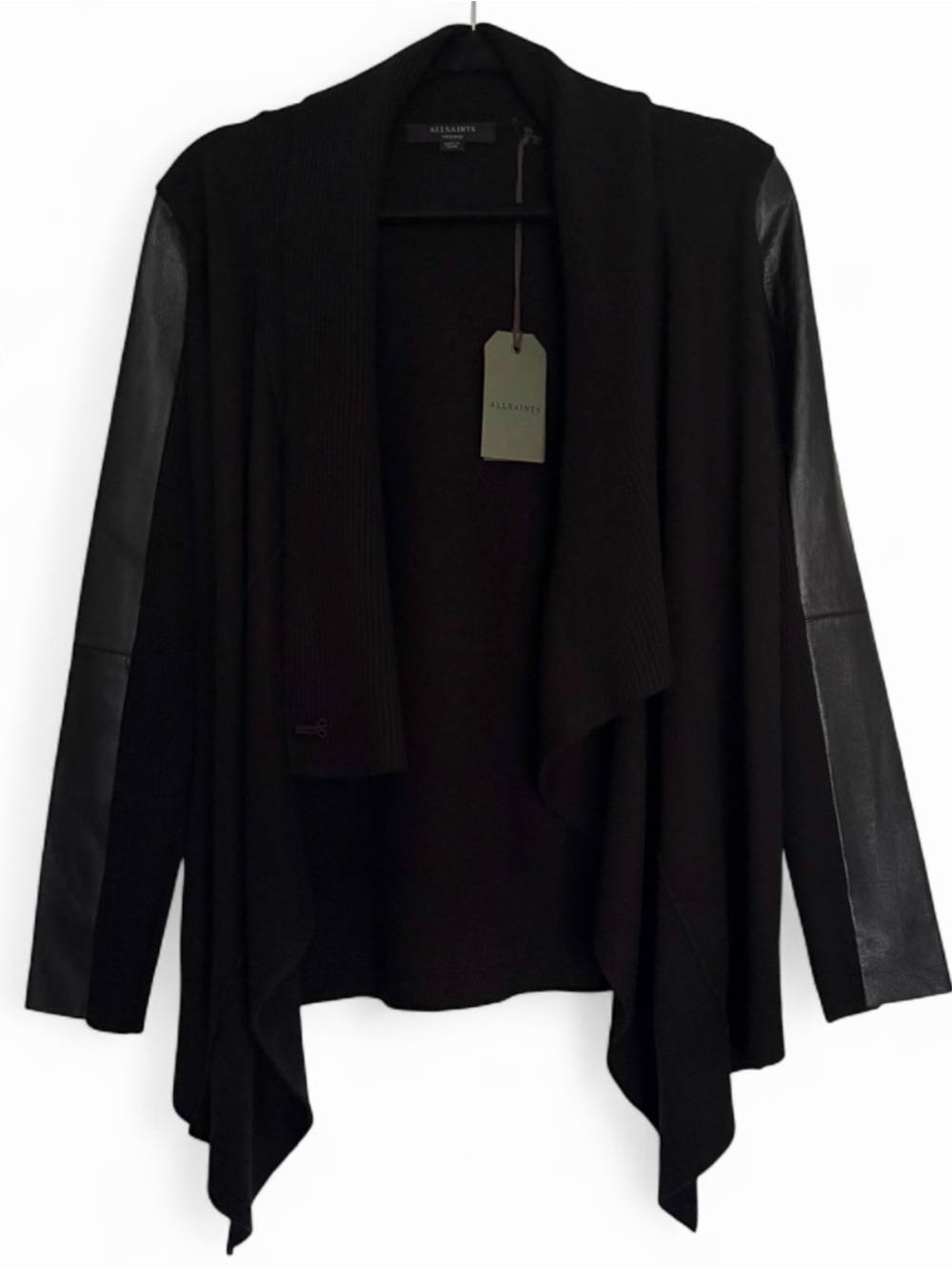 NWT AllSaints Lucia Merino Wool & Leather Sleeve Draped Cardigan – Black